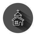 Church icon in flat style. Chapel vector illustration on black round background with long shadow. Religious building business
