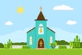 Church icon. Flat summer landscape. Royalty Free Stock Photo