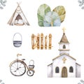 Easter set. Watercolor illustration for religion design. Cartoon church building silhouette with basket, teepee, trees Royalty Free Stock Photo