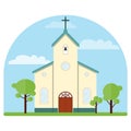 Church, church icon, realistic church on blue sky and trees background. Vector, designer illustration. Royalty Free Stock Photo