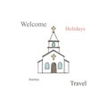 Church icon. Vector illustration for religion architecture design. Cartoon church building silhouette with cross, chapel, fence, Royalty Free Stock Photo