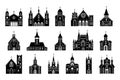 Church icons, chapel buildings silhouettes. Simple city exteriors, sanctuary basilica signs, garish religion. Temple