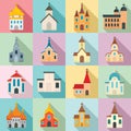 Church icons set, flat style