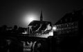 Church illuminated by moonlight