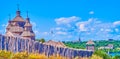 Church of the Intercession behind stockade of .Zaporizhian Sich Fort scansen in Zaporizhzhia, Ukraine