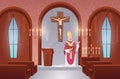 Church interior. Indoor background of catholic church exact vector religion template illustration in cartoon style