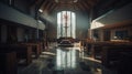 Church interior showing altar, apse, stained glass windows and large Christian cross. AI generated