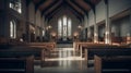 Church interior showing altar, apse, stained glass windows and large Christian cross. AI generated