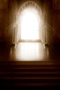 Church Interior. Window Light in Dark Inside Room. Shining Door in front Empty Steps. Mystery Background Royalty Free Stock Photo