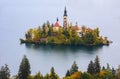 Church on island in the middle of Bled lake. Slovenia Royalty Free Stock Photo