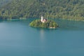 Church on island in the middle of Bled lake. Slovenia Royalty Free Stock Photo