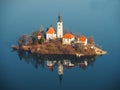 Panoramic view of beautiful church on the island on lake Bled (Slovenia) Royalty Free Stock Photo