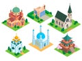 Church isometric vector temple religion building mosque and catholic architecture illustration set of christian chapel