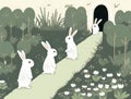 A church of joyful bunny rabbits hopping down the garden path in search of a treat. Cute creature. AI generation Royalty Free Stock Photo