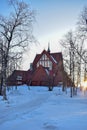 Church of Kiruna in winter during sunset. Kiruna church and is one of Sweden's largest wooden church buildings. Royalty Free Stock Photo