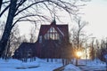 Church of Kiruna in winter during sunset. Kiruna church and is one of Sweden's largest wooden church buildings. Royalty Free Stock Photo