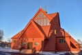 Church of Kiruna in winter during sunset. Kiruna church and is one of Sweden's largest wooden church buildings.