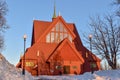 Church of Kiruna in winter during sunset. Kiruna church and is one of Sweden's largest wooden church buildings.