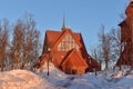 Church of Kiruna in winter during sunset. Kiruna church and is one of Sweden's largest wooden church buildings. Royalty Free Stock Photo