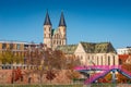 Church of Kloster Our Ladies Church Unser Lieben Frauen in golden Autumn colors at downtown of Magdeburg, city center, Elbe