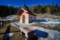 church on lake, photo as a background , in the italian european dolomiti alps mountains in vicenza north italy, europe Royalty Free Stock Photo