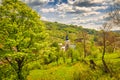 Kostol v obci Lednica na jarný slnečný deň, Slovensko