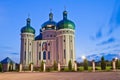 Church in the light of evening lanterns. Holy Protection Church in the city Dubno, Ukraine Royalty Free Stock Photo