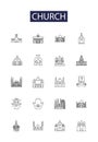 Church line vector icons and signs. sanctuary, chapel, congregation, faith, worship, religion, divinity, scripture