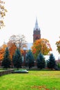 Church in little town at autumn time Royalty Free Stock Photo