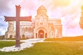 Church, located Racha region of Georgia, lower Svaneti mountains. Sun flare Royalty Free Stock Photo