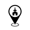 church location map pointer, house church icon with location pin, black symbol isolated on white background, vector