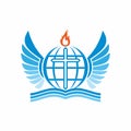 Church logo. Bible, cross, globe and the world, the flame of the Holy Spirit, and angel wings