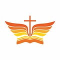 Church logo. Bible, Jesus` cross and angel wings