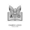 Church logo. Christian symbols. Bible and the Symbol of the Holy Spirit - a dove. Alpha and Omega