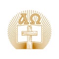 Church logo. Christian symbols. Christ cross, bible, alpha and omega Royalty Free Stock Photo