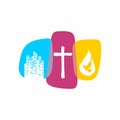 Church logo. Christian symbols. The city and the cross of Jesus Christ, the flame of the Holy Spirit and the dove Royalty Free Stock Photo