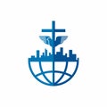 Church logo. Christian symbols. City, Globe, Jesus` cross and dove - the Holy Spirit