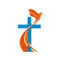 Church logo. Christian symbols. Cross and a flying dove - a symbol of the Holy Spirit.