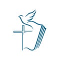 Church logo. Christian symbols. The cross of Jesus Christ on the background of the open Bible and the flying d