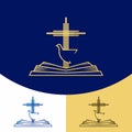 Church logo. Christian symbols. The cross of Jesus Christ, the Bible and the Holy Spirit - Dove