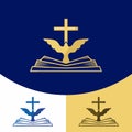 Church logo. Christian symbols. The cross of Jesus Christ, the Bible and the Holy Spirit, the dove