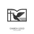 Church logo. Christian symbols. The cross of Jesus Christ, the Bible and the Symbol of the Holy Spirit - a dove Royalty Free Stock Photo