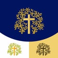 Church logo. Christian symbols. The cross of Jesus Christ and the elements of the tree.