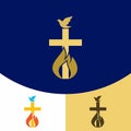 Church logo. Christian symbols. The cross of Jesus Christ, and the flame of a dove - the Holy Spirit symbols