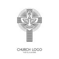 Church logo. Christian symbols. The Cross of Jesus Christ and the Symbol of the Holy Spirit are a dove and a flame Royalty Free Stock Photo