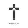 Church logo. Christian symbols. The Cross of Jesus Christ and the Symbol of the Holy Spirit are a dove and a flame Royalty Free Stock Photo