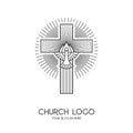 Church logo. Christian symbols. The Cross of Jesus Christ and the Symbol of the Holy Spirit are a dove and a flame Royalty Free Stock Photo