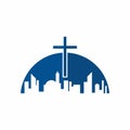 Church logo. Christian symbols. The Cross of Jesus Christ towers over the big city Royalty Free Stock Photo