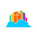 Church logo. Christian symbols. The cross of Jesus and the colored city on the cloud.