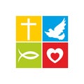 Church logo. Christian symbols. The cross of Jesus, the dove is the Holy Spirit, the fish is the sign of Christ and the heart Royalty Free Stock Photo